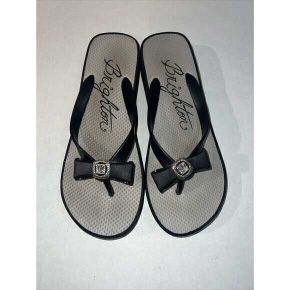 Brighton Bowie Sz 10 Black Silver Rhinestone Bow‎ Thong Wedge Flip Flop Shoes - Picture 2 of 9